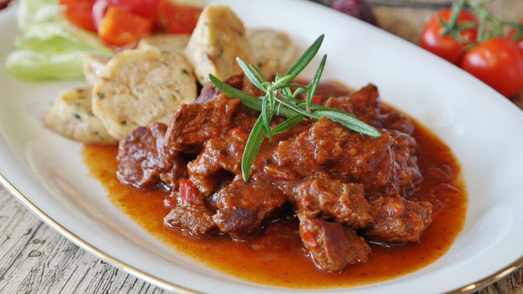 Goulash on a white plate